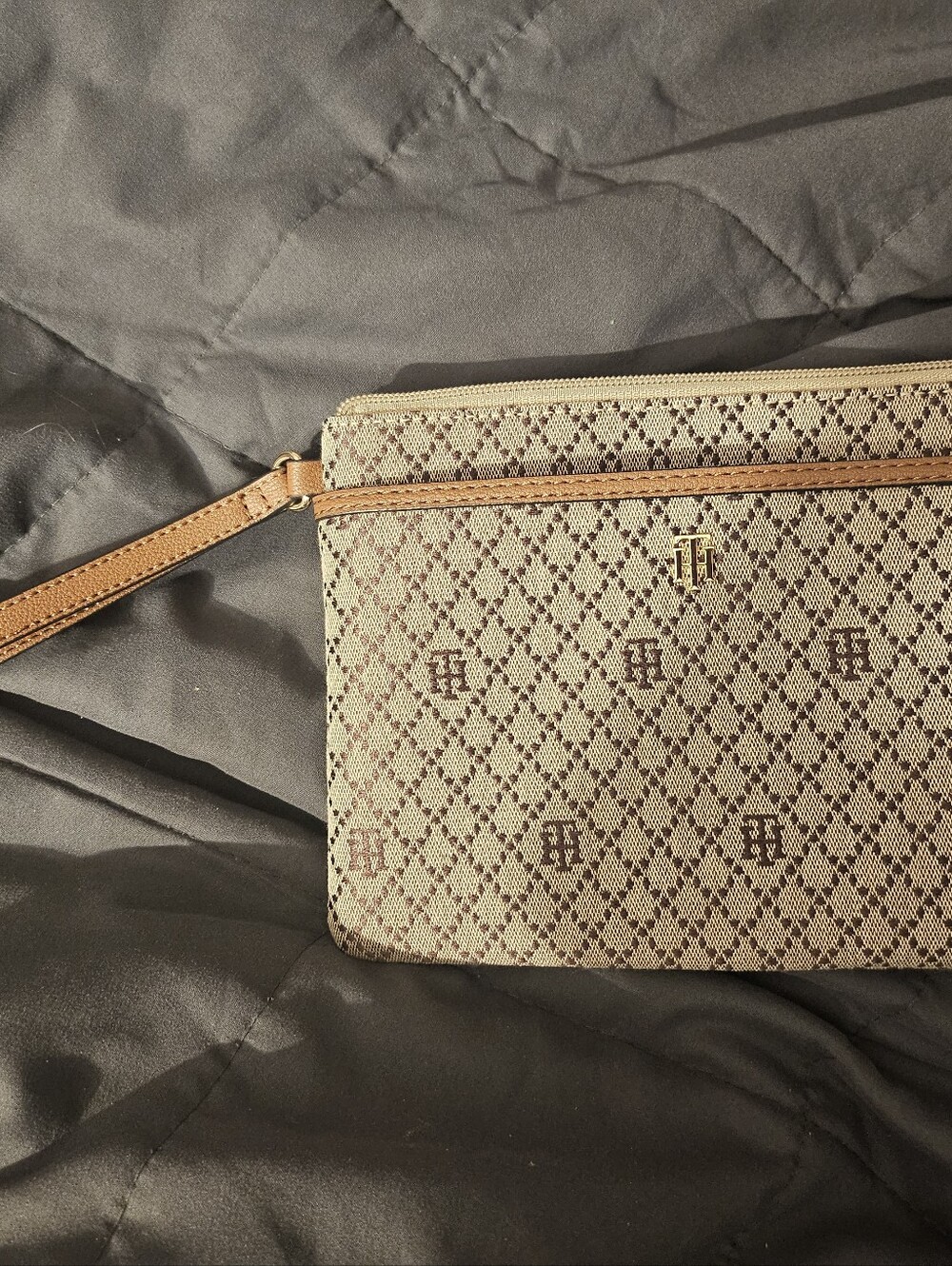 Monogram Tommy Hilfiger Pattern Wristlet Clutch in Beige and Brown